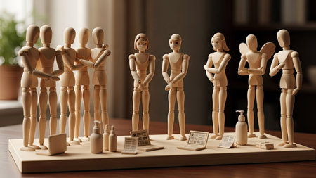 A collection of articulated wooden figures are arranged on a wooden surface, accompanied by small props. The figures, with simplified shapes and neutral tones, are posed in a variety of stances. The scene is illuminated by soft light, suggesting an indoor setting. This image could be used for illustrating concepts in marketing or design.の素材