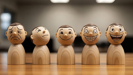 The image showcases a row of wooden figures, each displaying a distinct facial expression representing various emotions. The figures are set against a blurred background, with warm lighting highlighting the textures. The composition creates a sense of order, with the wooden figures on a surface. Suitable for use in design, marketing, and editorial contexts.の素材