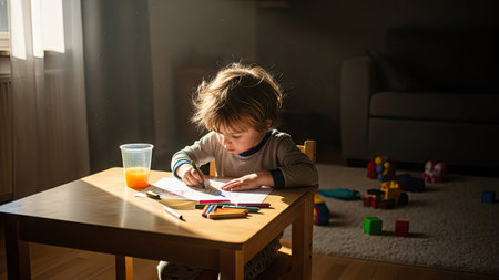 A young child is seated at a small wooden table, diligently drawing with a pencil. The scene is illuminated by strong natural light coming through a window. Colors include light and dark brown, orange, and blue. The composition highlights the child in a moment of concentration, with potential uses in educational or lifestyle content.の素材