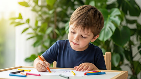 A young child is seated at a table, focused on drawing with crayons. The image features natural lighting and a blurred background of green foliage. The scene suggests a cozy indoor environment, suitable for various educational or lifestyle-related applications. The style is casual and inviting, lending itself to a range of commercial uses.の素材