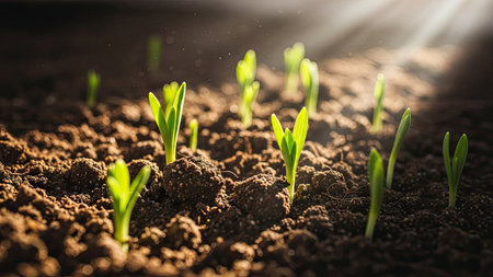 Close-up of small green plants sprouting from brown soil, illuminated by bright sunlight. The image showcases natural textures and a shallow depth of field. This composition could be used for illustrations about growth, environment, or agriculture, and it offers copy space for various editorial or commercial purposes.の素材
