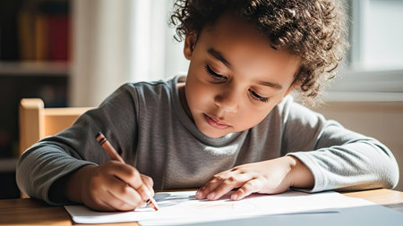 A young child is shown writing on a piece of paper, using a pen, at a desk indoors. The image displays a close-up of the child, with focus on the act of writing. The scene is illuminated by natural light. This image could be suitable for a variety of editorial or commercial purposes.の素材