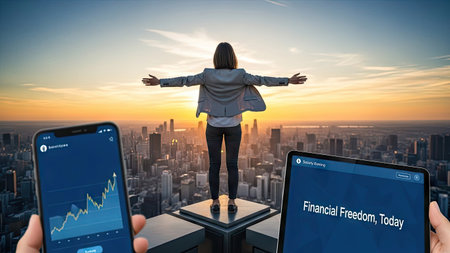 A woman stands with arms outstretched, celebrating against a panoramic cityscape, lit by sunlight. Two devices displaying financial data are in the foreground. The composition features vibrant colors, suggesting ambition. This image is suitable for illustrating concepts of business, investing, and financial progress.の素材