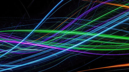 Dynamic composition presents an abstract arrangement of vibrant, curving lines against a dark backdrop. The lines display a spectrum of bright colors. This visual effect might be suitable for various design applications, including backgrounds for presentations or decorative elements in advertising.の素材