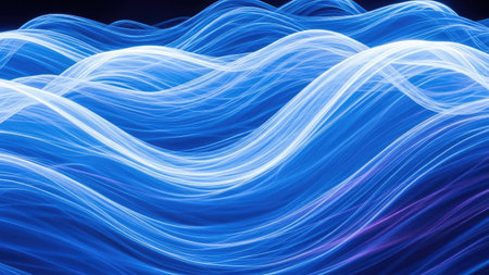 This image features a vibrant abstract illustration of flowing blue waves. The composition utilizes curved lines and gradients to create a sense of depth and movement. The color palette focuses on shades of blue with highlights. Suitable for use in design projects or for illustrative purposes.の素材