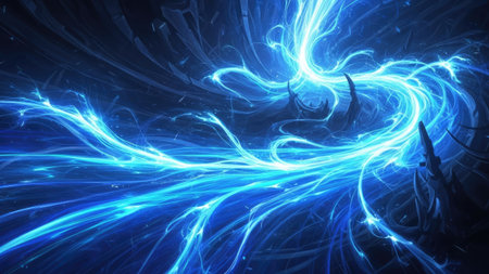 An abstract illustration showcases glowing blue energy streams against a dark backdrop. The dynamic composition features swirling lines, suggesting movement and power. The artwork utilizes vibrant blue hues to create visual impact. Ideal for conceptual representations and graphic design applications, this image offers potential for various commercial and editorial uses.の素材