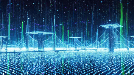 This image depicts an abstract digital city. It showcases numerous interconnected lines and glowing elements, mainly in blue tones, suggesting data flow. The composition presents a futuristic cityscape, possibly representing technological concepts, suitable for various digital media and editorial purposes.の素材