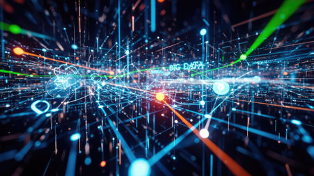 An artistic representation showcases a complex network of illuminated lines and spheres, evoking the concept of digital information. The image utilizes vibrant blues, greens, and oranges to create a futuristic and dynamic composition. This visual could be applicable for a variety of media uses related to technology and innovation.の素材