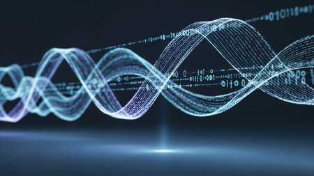 This graphic displays flowing wave patterns composed of digital data. The waves, rendered in shades of blue, traverse a dark background. The image uses a modern style with subtle lighting. Suitable for commercial applications such as website backgrounds, marketing materials, and presentations.の素材