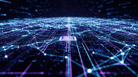 An abstract visualization shows interconnected nodes and data streams. The image displays a complex network rendered in shades of blue and purple. The composition features a central processing unit, and lines connecting to each other, suggesting data transfer. This graphic can be used for informational presentations.の素材