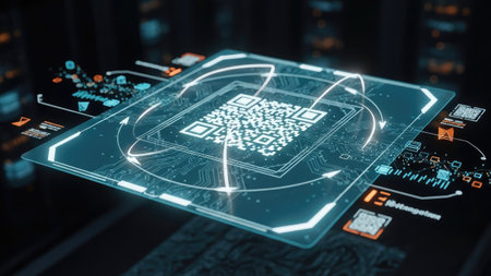 This image showcases a futuristic digital interface featuring a QR code. The composition uses cool blue and white tones with glowing lines and geometric elements. The design suggests an advanced technological environment, possibly for data transfer or interaction. Suitable for editorial and commercial applications related to technology and digital communication.の素材