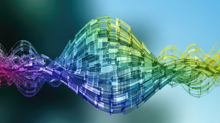 An abstract digital illustration showcases a wave-like structure composed of various geometric forms and a gradient of colors. The artwork features a smooth transition of hues from cool to warm, with a focus on depth and dimension. This design may be suitable for backgrounds, digital art, or commercial applications.の素材