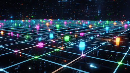 An abstract visualization shows glowing cubes connected by lines, forming a digital network. The image presents vibrant colors, including blue, green, and pink, against a dark background. The scene suggests a futuristic environment, suitable for depicting data transfer or technology-related concepts and applications.の素材