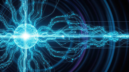 An artistic rendering showcases a central, illuminated core with radiating lines. The composition features a dominant blue color palette, suggesting energy and technological concepts. The image is designed in a digital style. Suitable for applications involving science, technology, or futuristic themes.の素材