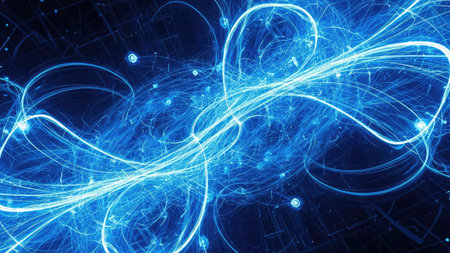 Dynamic abstract image featuring vibrant blue lines of energy against a dark backdrop. The composition showcases flowing curves and illuminated spheres, creating a sense of movement and connection. This artwork can be used in various applications such as science, technology, or creative visual projects for commercial or editorial purposes.の素材