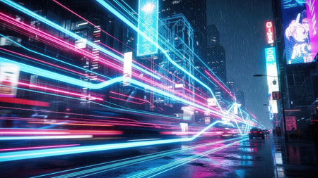 An image captures a futuristic city at night, with a dynamic display of light trails in various hues. The composition features a long exposure effect, showcasing the movement of light across the scene. This vibrant scene may be suitable for advertising, design projects, and visual media.の素材