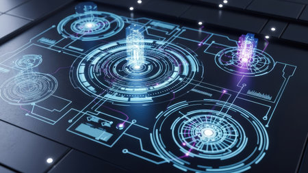 An abstract, digitally rendered composition features glowing circular interfaces and connecting lines. The artwork uses a dark color palette with bright blue and purple accents. This futuristic design suggests technological advancement. It is suitable for commercial uses related to data, innovation, and digital concepts, with ample copy space.の素材