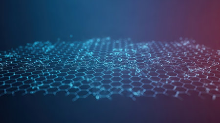This image showcases an abstract representation of a graphene structure. The hexagonal lattice is depicted in a blue hue against a gradient background. The composition uses depth of field to emphasize the three-dimensional appearance. Suitable for illustrating concepts related to science, technology, and advanced materials for various commercial applications.の素材