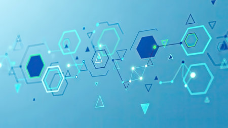This image presents an abstract arrangement of connected hexagons and lines, set against a gradient blue backdrop. The illustration showcases a digital, vector-style design with bright colors and a modern aesthetic. Suitable for various applications, it could be used to represent technological advancements or data visualizations.の素材