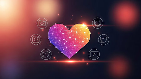 An abstract digital illustration showcases a heart shape, rendered with geometric lines and gradients. Social media icons are arranged around the heart. The image features a dark backdrop with blurred light effects and a warm color palette. Potential uses include designs for technology, communication or social media themes.の素材