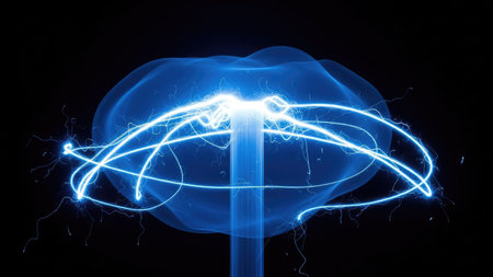 An abstract illustration shows a central column with radiating, curved lines of blue light against a black backdrop. The composition features a symmetrical structure with a glowing effect. This image could be used for conceptual designs, scientific projects, and visual communication materials. The lighting creates a contrast between the bright, electric blue and the dark space.の素材