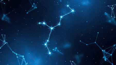 An abstract illustration presents bright constellations set against a deep blue night sky filled with stars and interconnected lines. The composition features a blurred background, suggesting a vast, cosmic environment. This artwork may be suitable for scientific, educational, or decorative commercial applications.の素材