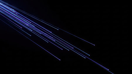 This image presents abstract light trails of a blue hue against a solid black backdrop. The composition features diagonal lines with a sense of motion. The visual style is modern, with potential uses in digital designs and visual representations. It could be suited for various commercial projects.の素材