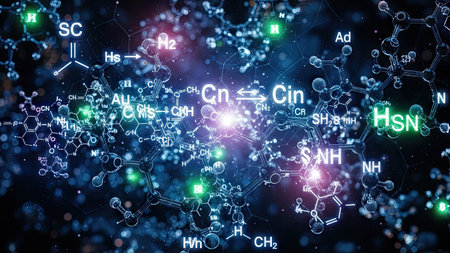 This image presents a complex, abstract arrangement of molecular structures rendered in a futuristic style. The composition features interconnected nodes and lines in shades of blue and green, set against a dark background. The scene suggests a scientific or technological context and could be used for various editorial or commercial purposes.の素材