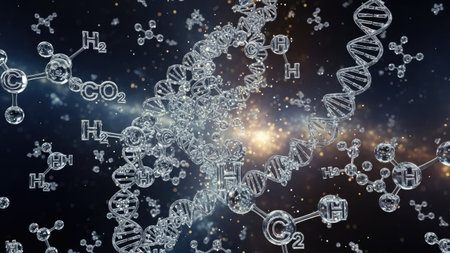 An artistic representation features a DNA helix and floating molecular structures, possibly illustrating scientific concepts. The image showcases a deep space environment with celestial light. It could be useful for educational materials or science-related editorial publications, or in the field of design.の素材