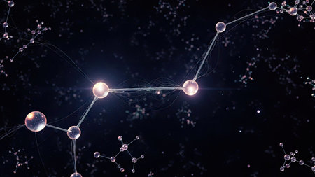 An artistic representation of molecular structures is presented against a dark backdrop. The composition features interconnected spheres and lines, suggesting scientific or technological concepts. The image utilizes highlights and depth of field. Suitable for illustrating innovation, research, or other conceptual applications.の素材
