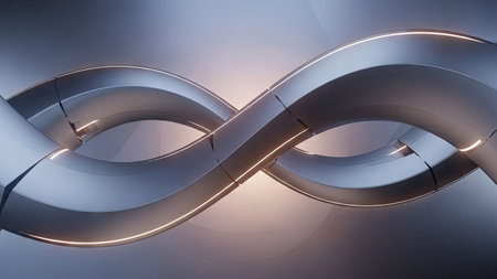 This image presents an abstract composition featuring two intertwined tubes. The metallic forms, rendered in cool tones, exhibit a smooth, reflective surface. Subtle lighting creates highlights and shadows, accentuating the three-dimensional aspect. The design suggests a technological or industrial theme. Suitable for various creative projects.の素材