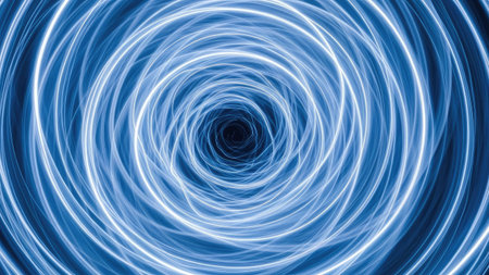 This abstract artwork showcases a mesmerizing spiral composed of glowing blue lines. The composition features concentric circles of varying sizes, converging toward a central point, creating a sense of depth. The cool color palette and the repetitive pattern suggest a futuristic or technological setting, suitable for various design applications.の素材