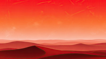 This abstract image presents a minimalist desert scene with undulating hills under a gradient red and orange sky. The composition emphasizes the play of light and shadow, and features warm tones. Suitable for various applications, including website backgrounds and design elements, it offers a sense of vastness.の素材
