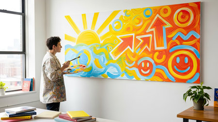 An artist is depicted painting a vibrant mural indoors, employing brushstrokes and paint. The artwork features bold colors and graphic elements. Natural light illuminates the scene, suggesting an interior setting. This image is suitable for various commercial applications, including editorial and marketing visuals, and creative projects.の素材