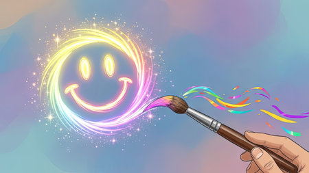 An illustration depicts a hand using a paintbrush to create a brightly colored smiley face. The image showcases vibrant hues of rainbow colors, emanating from the face. This artwork is rendered in a digital style, and could be suitable for various design, marketing, or illustrative applications.の素材