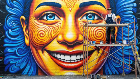 An artist stands on scaffolding, working on a vibrantly colored mural. The artwork showcases a smiling face with intricate designs, using bright yellows, blues, and oranges. The composition emphasizes bold lines and shapes, suggesting a creative process within an outdoor, urban setting. Suitable for various editorial and commercial applications.の素材