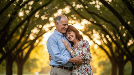 An embracing couple stands outdoors, bathed in warm sunlight filtering through the canopy of trees. The image features soft focus and a shallow depth of field, highlighting the subjects. Colors range from warm greens and yellows to subdued tones. The composition and lighting are suitable for a variety of editorial or commercial purposes.の素材