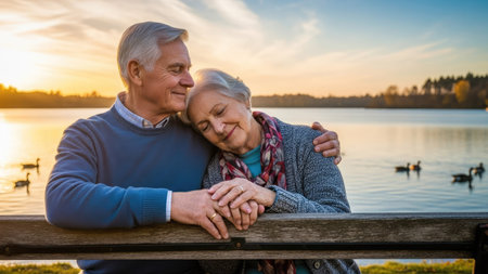 An older couple is shown embracing, their bodies close together, by a lake. The scene features warm colors from the setting sun, illuminating the water and surrounding trees. The composition utilizes natural lighting, emphasizing a peaceful atmosphere. This image is suitable for various commercial uses, including illustrating themes of love and retirement.の素材