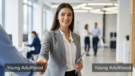 A businesswoman in a gray suit extends her hand in a handshake, with a smiling expression. The interior setting features a modern office with large windows, natural lighting, and a neutral color palette. The image depicts a moment of professional interaction potentially used for commercial or editorial purposes.の素材