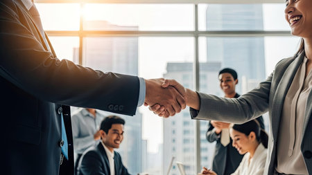 Two business people are captured in a handshake, symbolizing agreement and collaboration. The image showcases a professional office setting with several colleagues in the background. The scene is illuminated by natural light, creating a bright and positive atmosphere, suitable for various business or editorial applications.の素材
