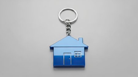 A close-up studio shot presents a shiny blue house-shaped keychain, suspended against a plain gray backdrop. The object reflects light, highlighting its smooth texture and metallic elements. The composition features a clean, simple design suitable for commercial illustrations related to property or security.の素材