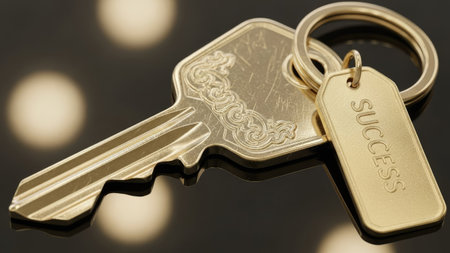 A close-up captures a golden key and a tag engraved with "success." The items rest on a dark, reflective surface, creating depth. The key's intricate design contrasts the tag's simplicity. This image can be used in projects related to achievement, unlocking potential, or business ventures.の素材
