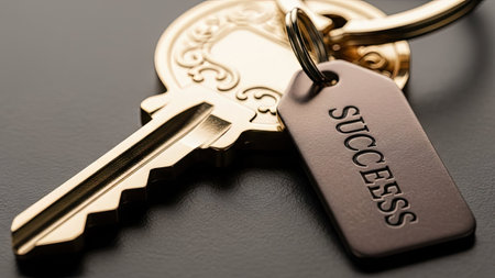 A close-up captures a shiny, golden key with an attached tag displaying the word "success". The key rests on a dark surface, creating a contrast that highlights the key's details. The image uses shallow depth of field, suitable for marketing materials and business publications. The lighting appears soft, indicating possible indoor studio.の素材