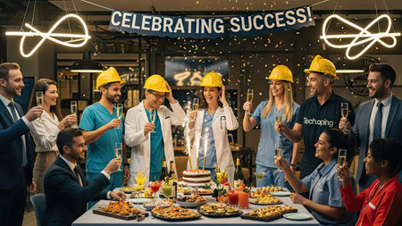 A diverse group of people celebrate an achievement indoors. They are gathered around a table with a cake and champagne. The scene is brightly lit with overhead lighting. Various professions are represented wearing work attire. Suitable for commercial or editorial applications.の素材