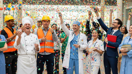 A diverse group of professionals are captured celebrating in an outdoor setting. Vivid confetti fills the air above the smiling figures. The scene highlights diverse clothing indicating a variety of professions, showcasing teamwork and collective accomplishment. This image could be used for various commercial and editorial applications.の素材