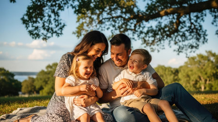 A family of four is captured in a heartwarming moment outdoors, bathed in warm sunlight. The image showcases a man and woman with two children. The style presents soft focus and natural colors, suggestive of a peaceful setting. This image is suitable for themes related to family, happiness, and lifestyle.の素材