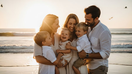 A family of six stands together on a beach at sunset, with soft sunlight illuminating their faces. They are smiling and laughing. The composition captures a moment of togetherness with golden hues, creating a warm, joyful atmosphere. The image is suitable for use in advertisements, family-oriented content, and editorial features.の素材