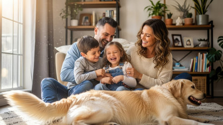 A family of four, along with their dog, is captured in a heartwarming scene indoors. Soft sunlight bathes the room, illuminating the happy expressions of the individuals. The composition features a cozy interior setting, hinting at comfort and domesticity, which could be useful for various commercial applications.の素材
