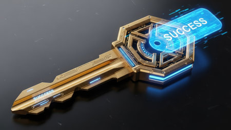 A close-up view depicts a gold key featuring a digital success tag. The key's intricate design, combined with blue neon lights, creates a futuristic look against a dark surface. The image's composition and lighting suggest commercial applications, perfect for illustrating ideas around achievement or progress.の素材