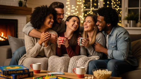 A diverse group of friends gathers indoors, sharing laughter and companionship. They are seated, holding mugs, with soft lighting enhancing the warm atmosphere. The composition includes a fireplace and decorative lights, creating a sense of comfort and togetherness suitable for various commercial uses.の素材